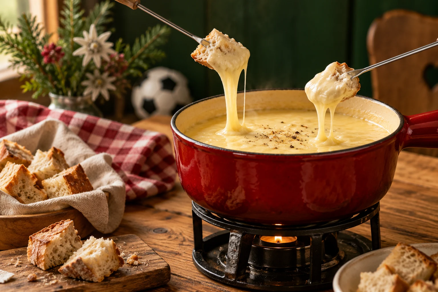 Une fondue suisse onctueuse, du pain croustillant et une table à partager